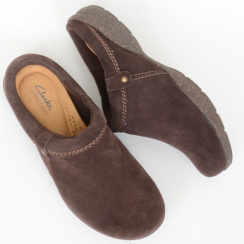 Clarks Collection Womens 8 Roseville Drew Brown Suede Clog Mule Comfort Shoe
